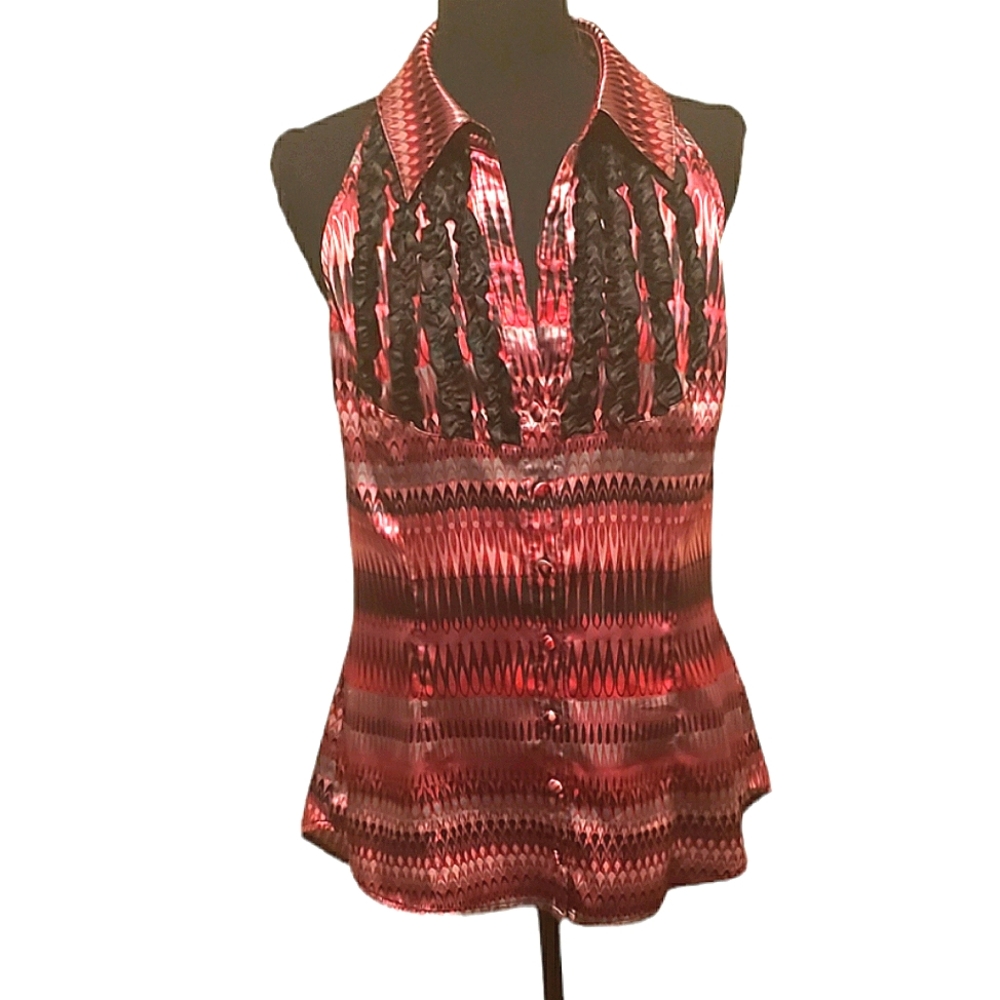 Bisou bisou xl button up halter neck collared blouse